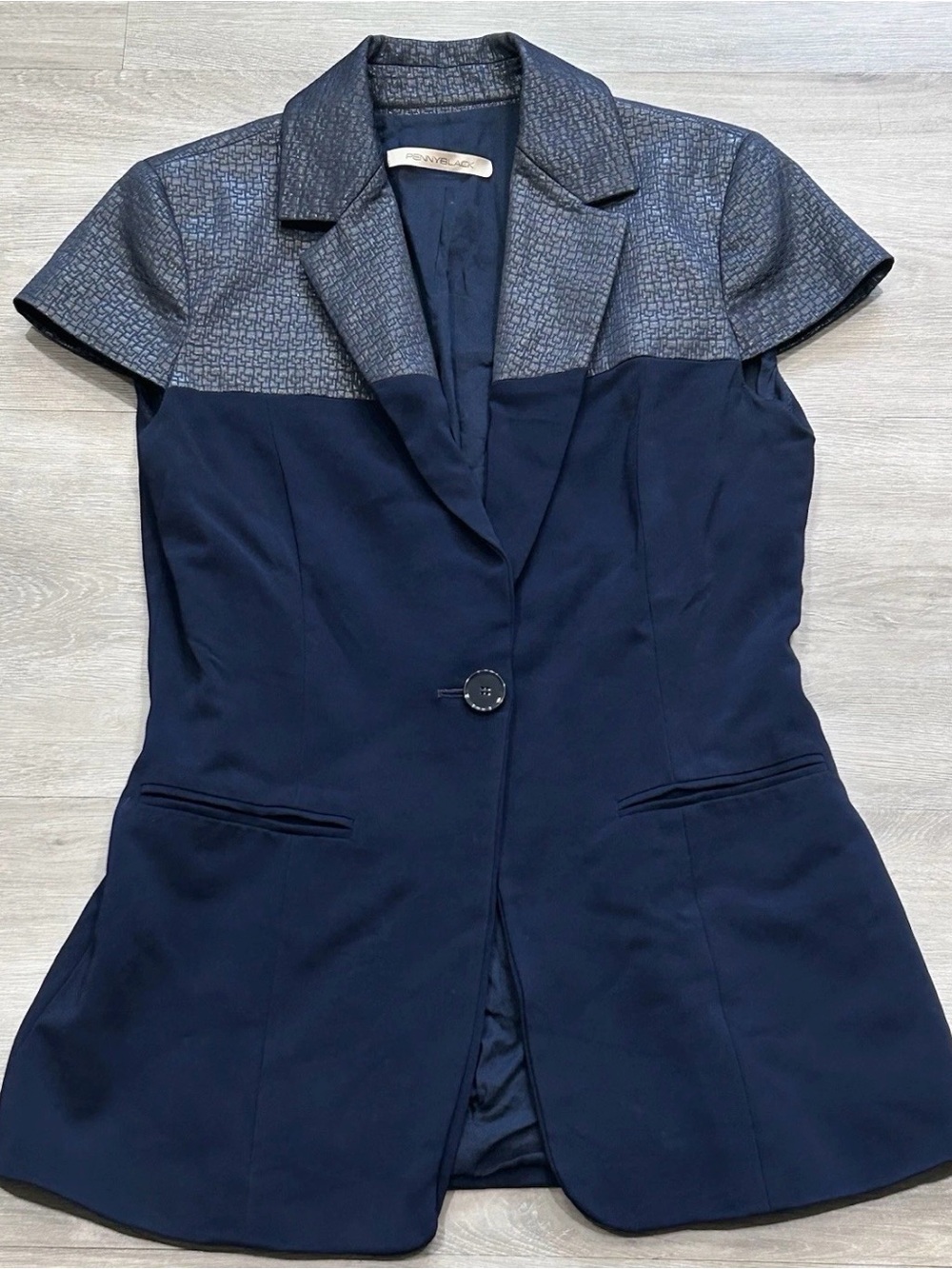 Pennyblack Navy Blue Short Sleeve Blazer Metallic Textured Yoke Jacket 4 /IT 40
